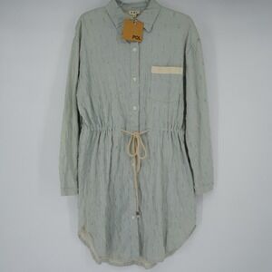 POL Long Sleeve Button Up Stripped Dress Drawstring Large NEW boho Coastal